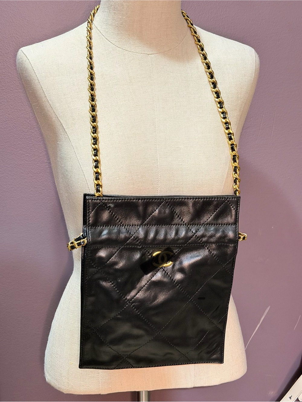 Black Quilted Crossbody Bag with Gold Chain calfskin